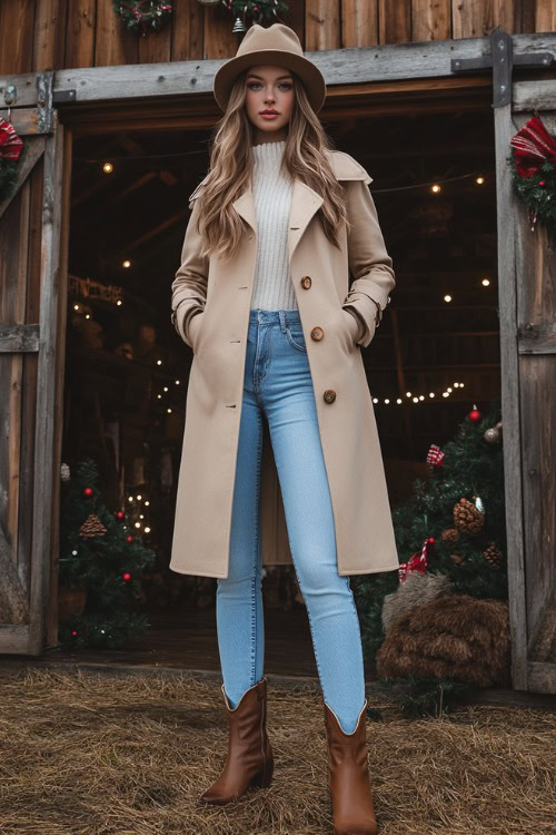 Full-body view of a woman in mid-rise light blue jeans over classic brown cowboy boots, paired with a long camel-colored trench coat and a matching hat