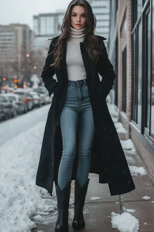 Full-body view of a woman in skinny jeans and black cowboy boots, wearing a fitted turtleneck sweater and a long black trench coat, standing on a snowy city sidewalk