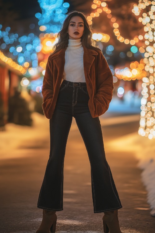 Full-body view of a woman wearing dark flare jeans with the shafts of brown cowboy boots hidden underneath, styled with a white turtleneck under a warm brown jacket