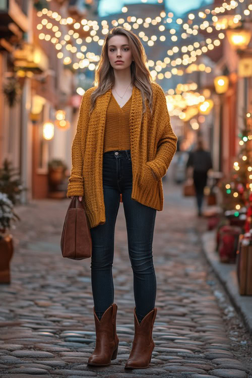 Full-body view of a woman wearing dark indigo skinny jeans and polished brown cowboy boots, a thick knit cardigan in mustard yellow