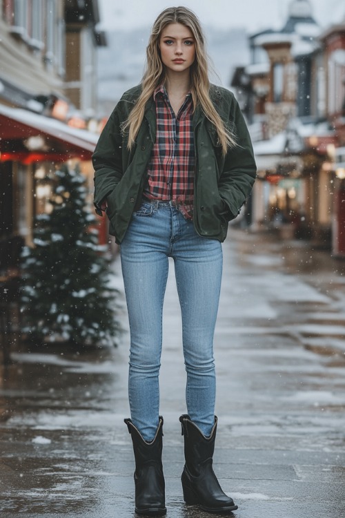 Full-body view of a woman wearing light blue jeans with black cowboy boots, a long-sleeve plaid shirt tucked in, layered with a dark green parka (2)