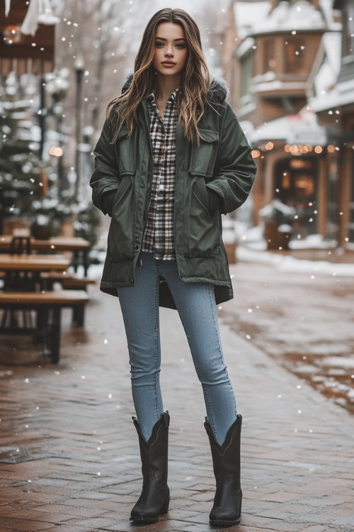 Full-body view of a woman wearing light blue jeans with black cowboy boots, a long-sleeve plaid shirt tucked in, layered with a dark green parka