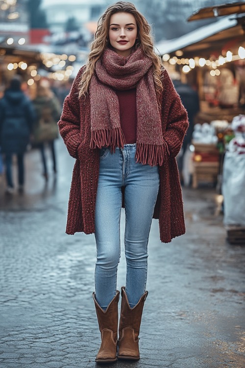 Full-length view of a woman in light blue skinny jeans tucked into worn brown cowboy boots, layered with a warm, oversized knit cardigan in maroon and a cozy infinity scarf