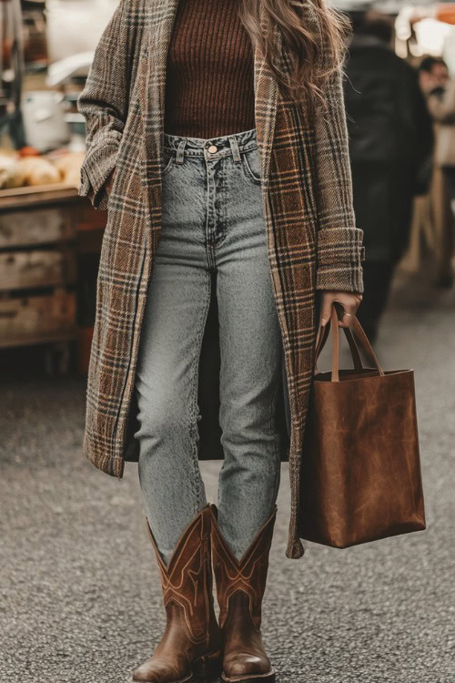 Full-length view of a woman in light-wash flare jeans with distressed brown cowboy boots, wearing a wool turtleneck and a thick plaid coat, holding a leather tote in a winter farmers’ market