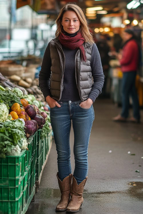 Full-length view of a woman wearing straight-leg jeans and faded brown cowboy boots, a fitted turtleneck under a puffy dark vest, with a wool scarf in deep red (2)