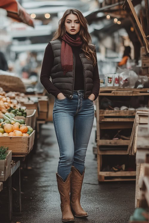 Full-length view of a woman wearing straight-leg jeans and faded brown cowboy boots, a fitted turtleneck under a puffy dark vest, with a wool scarf in deep red (3)