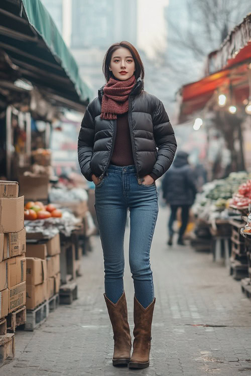 Full-length view of a woman wearing straight-leg jeans and faded brown cowboy boots, a fitted turtleneck under a puffy dark vest, with a wool scarf in deep red