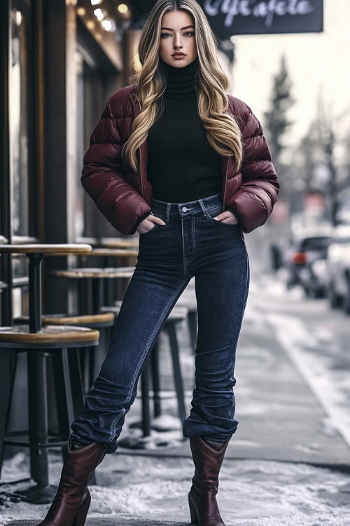 Winter look featuring dark-wash flare jeans fully concealing the shafts of cowboy boots so only the tips are visible, with a black turtleneck sweater and a fitted burgundy puffer jacket