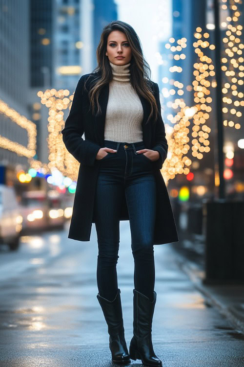 Woman in dark blue skinny jeans tucked into black cowboy boots, a fitted long-sleeve turtleneck in cream, layered with a sleek black wool coat