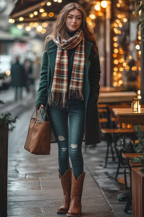 Woman in relaxed-fit jeans with faded brown cowboy boots, layered with a plaid scarf, dark green coat, and a leather crossbody bag (2)