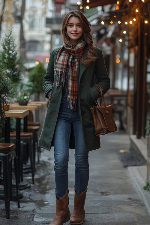 Woman in relaxed-fit jeans with faded brown cowboy boots, layered with a plaid scarf, dark green coat, and a leather crossbody bag (3)