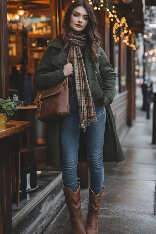 Woman in relaxed-fit jeans with faded brown cowboy boots, layered with a plaid scarf, dark green coat, and a leather crossbody bag