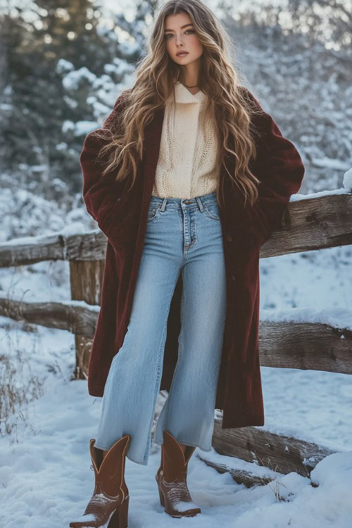 a woman wearing high-waisted light blue flare jeans with the shafts of distressed brown cowboy boots hidden underneath, styled with a cozy cream sweater under a thick dark maroon coat