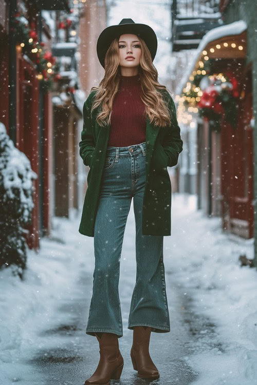 a woman wearing relaxed-fit flare jeans with the shafts of classic brown cowboy boots hidden underneath, styled with a fitted burgundy sweater under a green wool coat