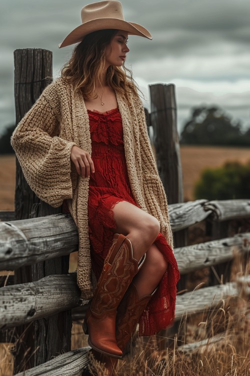 a woman wears a beige cardigan, a red dress with brown cowboy boots