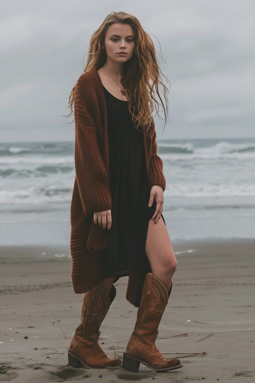a woman wears a brown cardigan, a black dress with brown cowboy boots