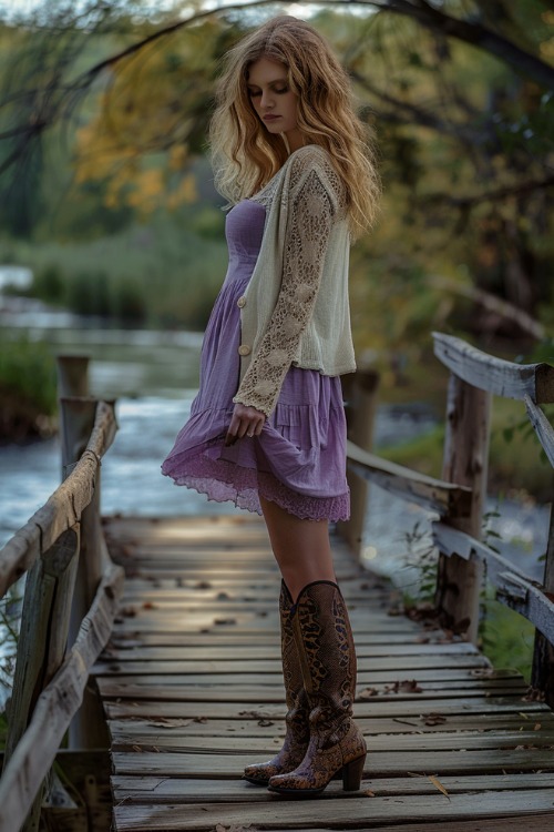 a woman wears a cardigan, a purple dress with brown cowboy boots