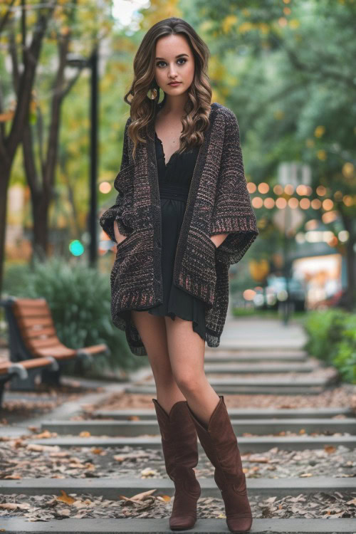 a woman wears a dark cardigan, a short black dress with brown cowboy boots