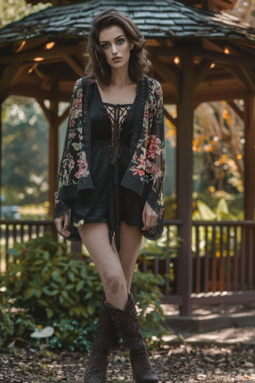 a woman wears a floral cardigan, a black dress with black cowboy boots