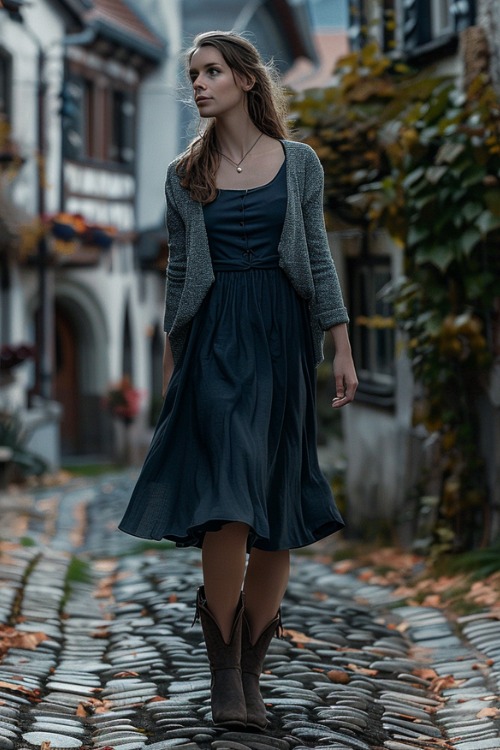 a woman wears a grey cardigan, a long navy dress with cowboy boots