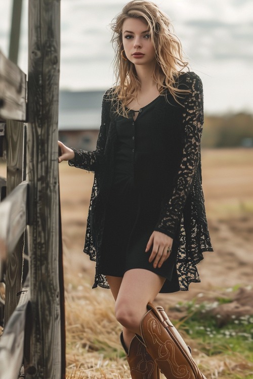a woman wears a lace black cardigan, a black dress with brown cowboy boots