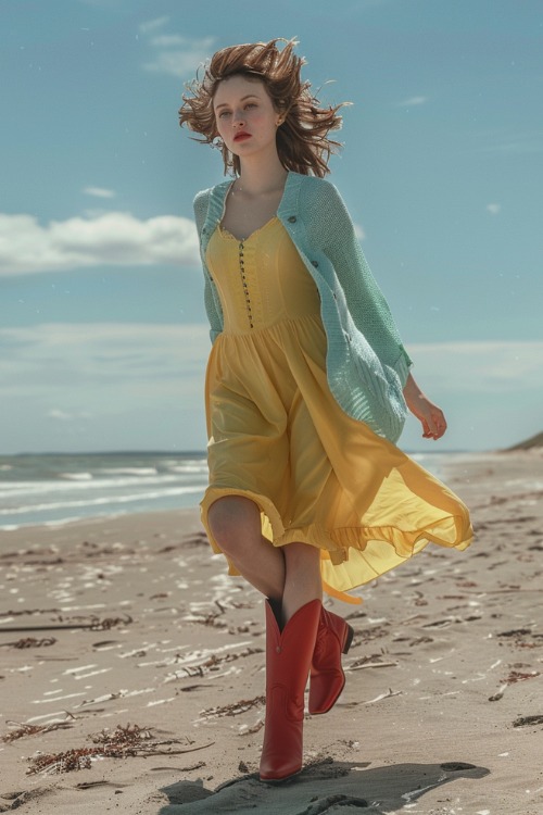 a woman wears a mint cardigan, a yellow dress with red cowboy boots