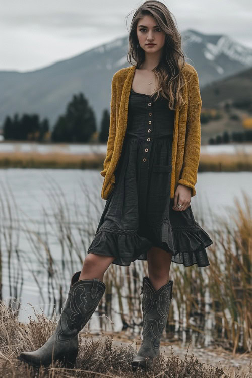 a woman wears a mustard cardigan, a black dress with black cowboy boots
