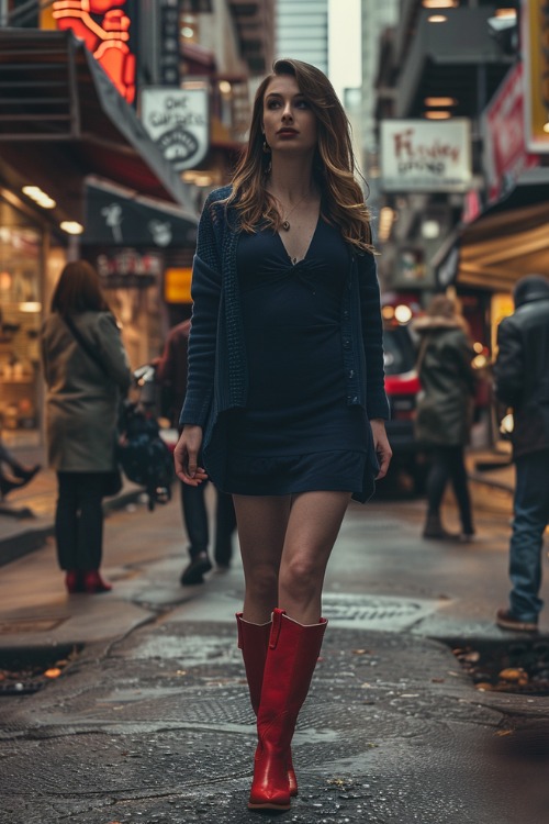 a woman wears a navy cardigan, a black dress with red cowboy boots