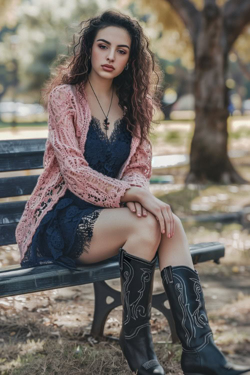a woman wears a pink cardigan, a lace navy dress with black cowboy boots (2)