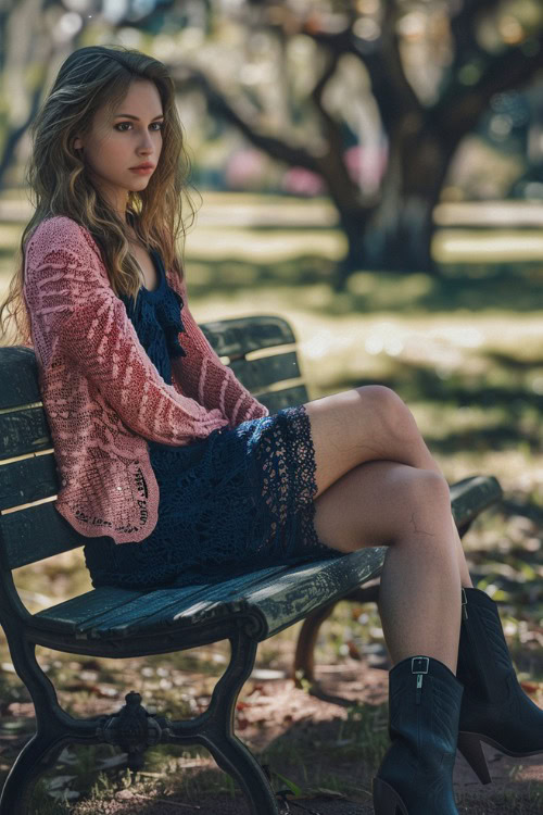 a woman wears a pink cardigan, a lace navy dress with black cowboy boots