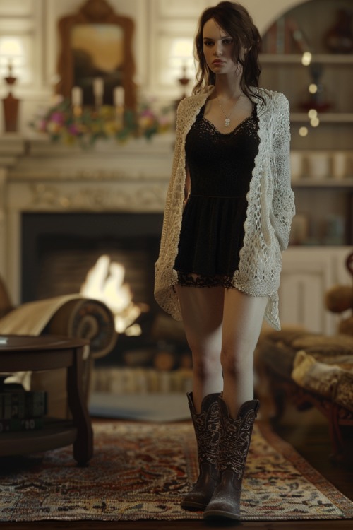 a woman wears a white cardigan, a black dress with brown cowboy boots
