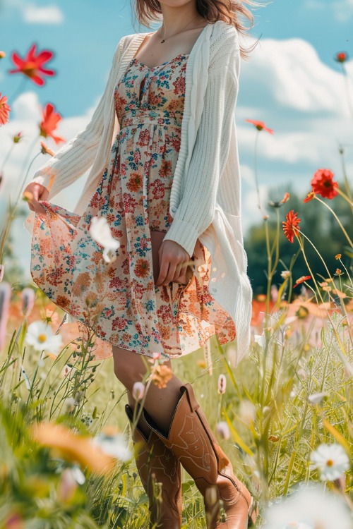 a woman wears a white cardigan, a floral dress with brown cowboy boots (2)