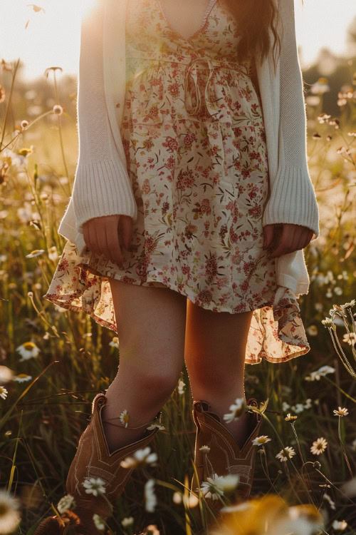 a woman wears a white cardigan, a floral dress with brown cowboy boots