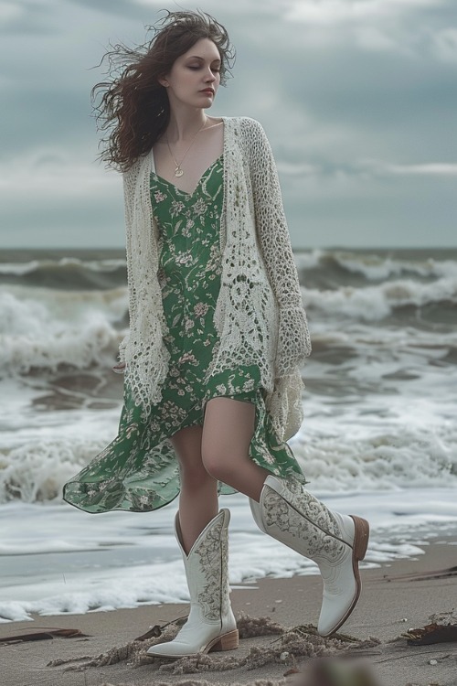 a woman wears a white cardigan, a floral green dress with white cowboy boots