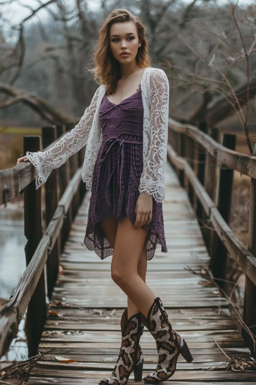a woman wears a white cardigan, a purple dress with leopard cowboy boots