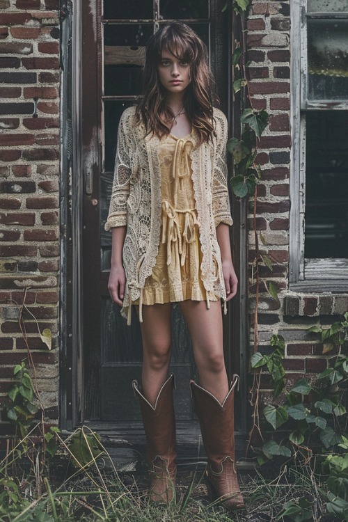 a woman wears a yellow cardigan, a yellow dress with brown cowboy boots