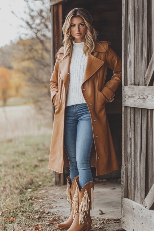 A chic outfit featuring a tan leather trench coat layered over a white knit sweater and straight-leg blue jeans. She pairs it with tan cowboy boots featuring fringe detailing