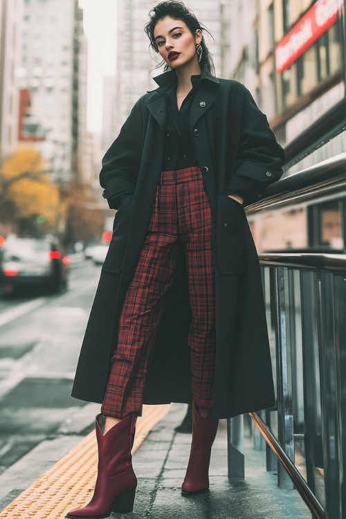 A city-chic style featuring a black trench coat paired with cropped plaid trousers and burgundy cowboy boots