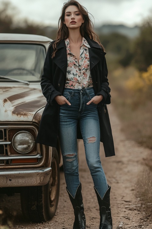 A countryside setting showcasing a woman in a lightweight black trench coat styled over a floral blouse and cuffed jeans