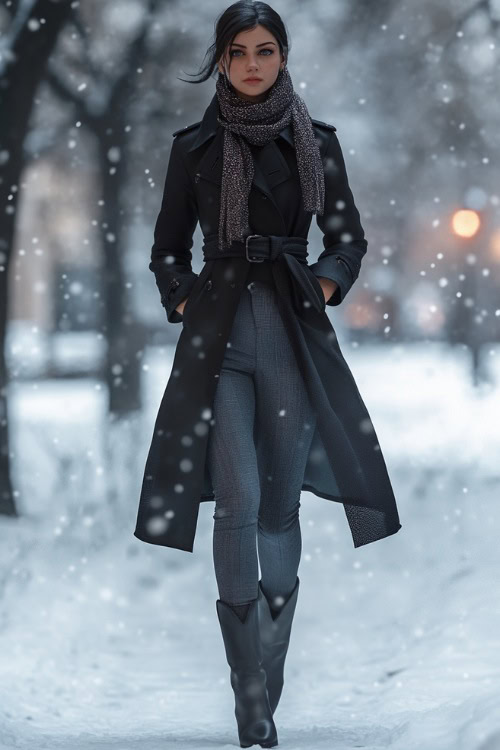 A cozy winter ensemble showcasing a woman in a black wool trench coat styled with a knitted scarf, fitted gray trousers, and heeled black cowboy boots