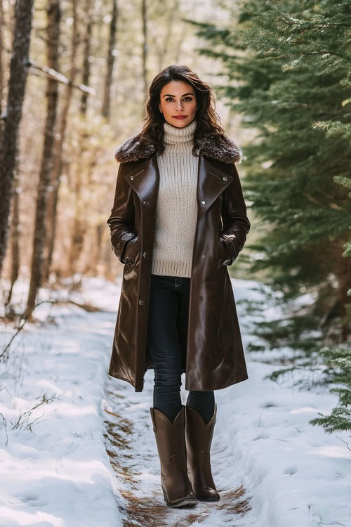 A cozy winter scene featuring a woman in a chocolate-brown leather trench coat lined with faux fur, worn over a thick turtleneck sweater and paired with dark brown cowboy boots