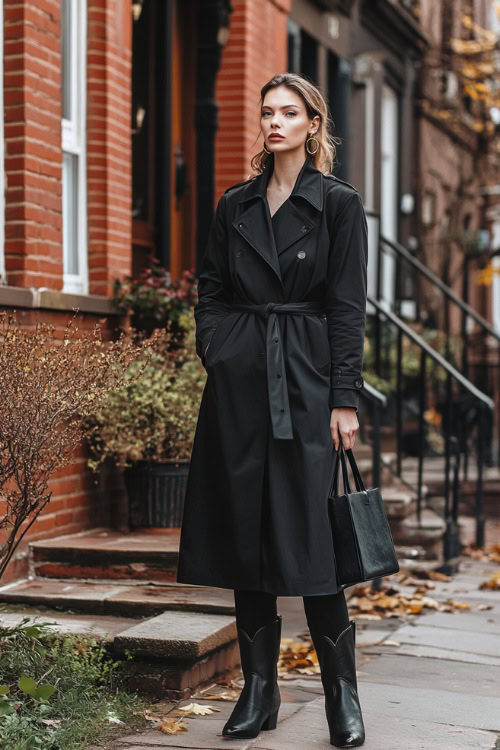 A fashionable woman standing in front of a classic red brick townhouse, wearing a black trench coat with a structured silhouette