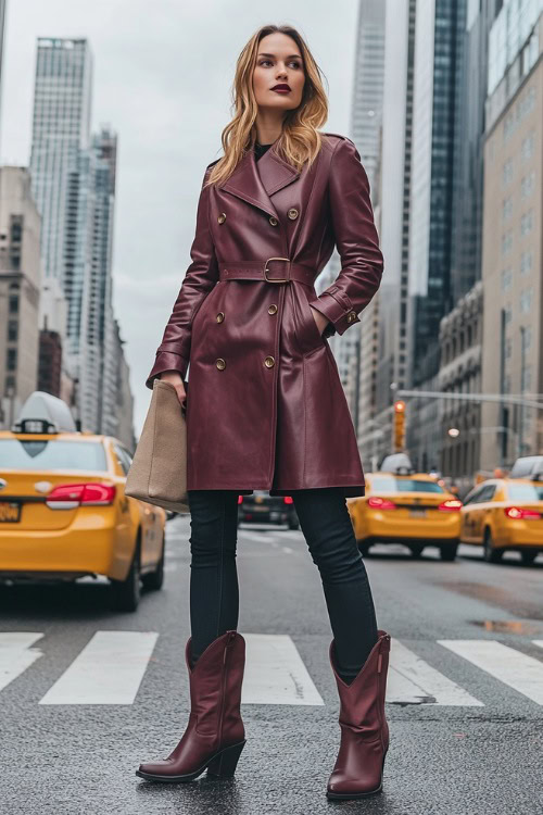 A fashionable woman standing on a busy city street wearing a maroon leather trench coat with brass buttons. She’s styled with matching maroon cowboy boots and dark skinny jeans