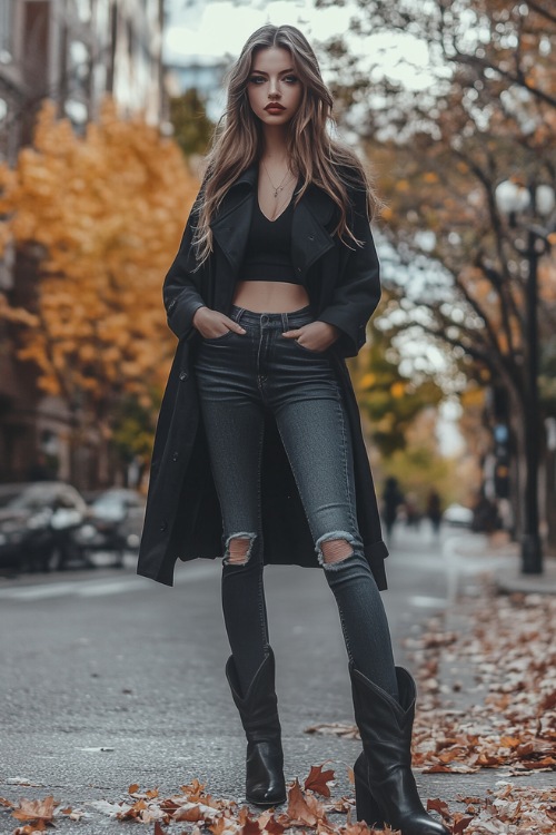 A fashionable woman wearing a black trench coat, skinny jeans, and sleek black cowboy boots, posing on a modern city street in autumn