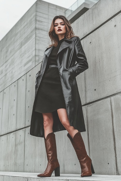 A full-body image of a woman in a black leather trench coat with glossy lapels, styled with a black midi dress and high-heeled cowboy boots