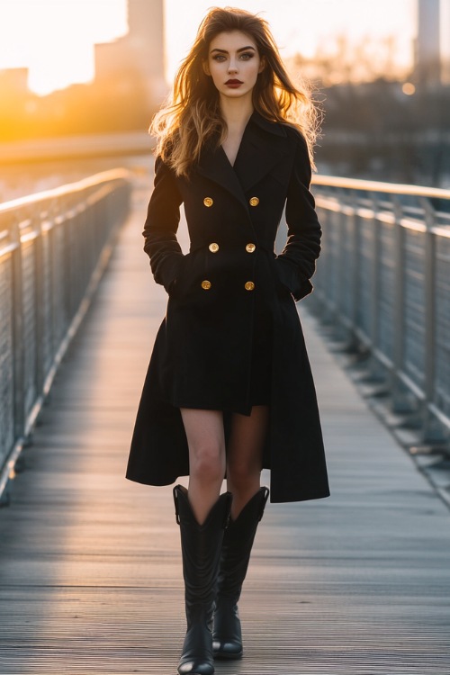 A full-body image of a woman in a black trench coat with gold buttons, styled with a fitted midi dress in neutral tones