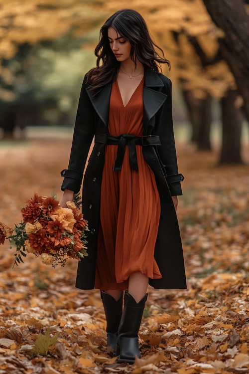 A romantic autumn scene with a woman wearing a belted black trench coat over a rust-colored midi dress and ankle cowboy boots