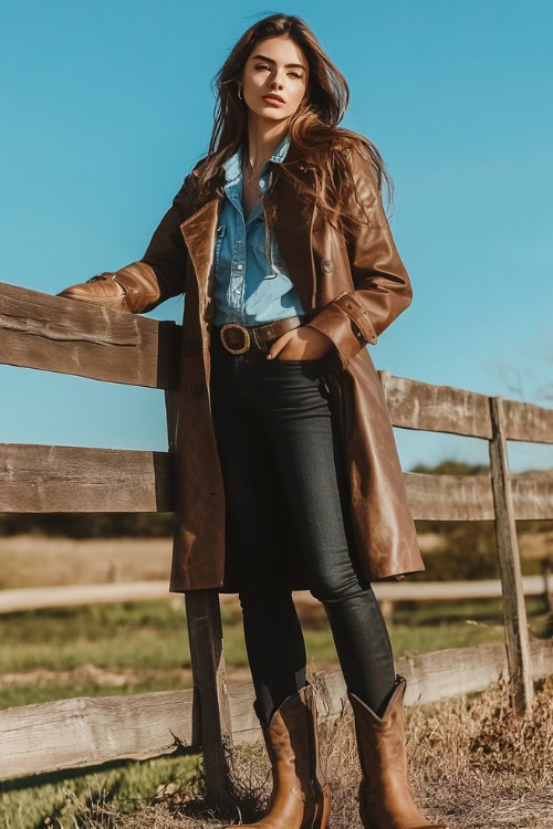 A rustic scene with a woman wearing a brown leather trench coat layered over a denim shirt and black skinny jeans