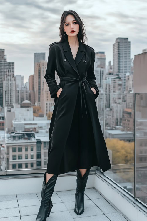 A sleek and elegant outfit featuring a tailored black trench coat worn over a black jumpsuit, paired with pointed-toe cowboy boots with subtle metallic accents