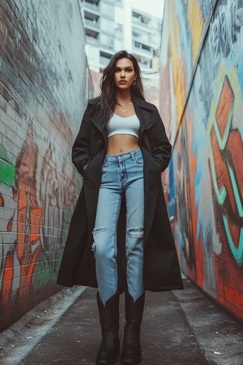 A streetwear-inspired look with a woman in a relaxed-fit black trench coat worn open over a cropped white top and baggy jeans, styled with chunky black cowboy boots